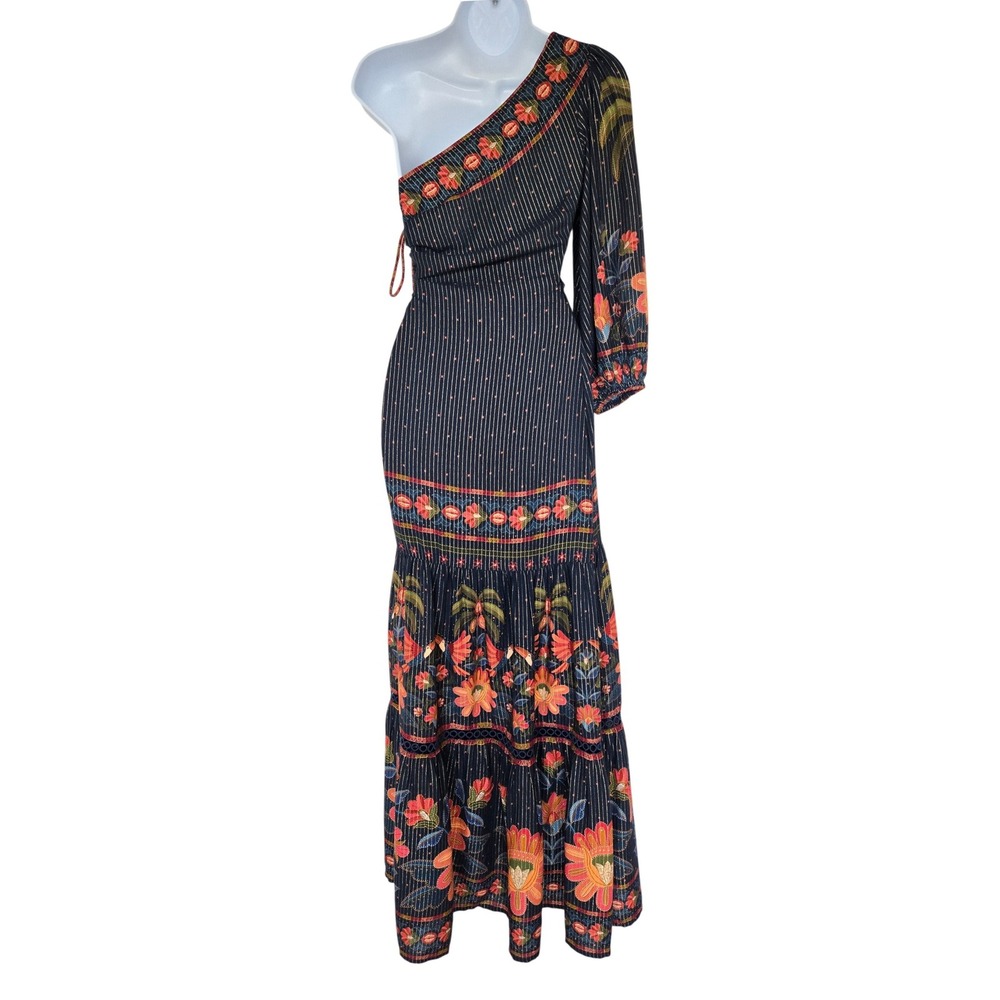 Rare Farm Rio Navy Floral Metallic Stripe One Shoulder Maxi Dress M Resort Boho - Picture 8 of 13